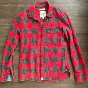 AE FLANNEL LOUNGE PLAID BUTTON DOWN SHIRT RED/GRAY XS